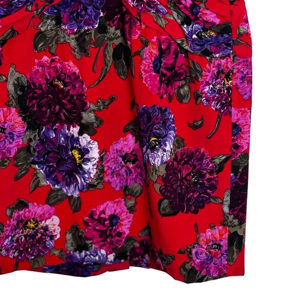 Liancarlo Ruched Cocktail Dress Womens 10 Red Floral Silk Puff Sleeve Elegant - Picture 10 of 16